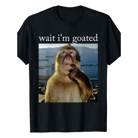 Men's Classic Fitted Round Neck Short-Sleeve Tshirt - Unisex Menswear Top Garment, Customized Monkeys Graphic, Funny "Wait I'm Goated" Slogan, Soft Fabric, Durable Print, Machine Washable, Retro Street Style Casual Wear