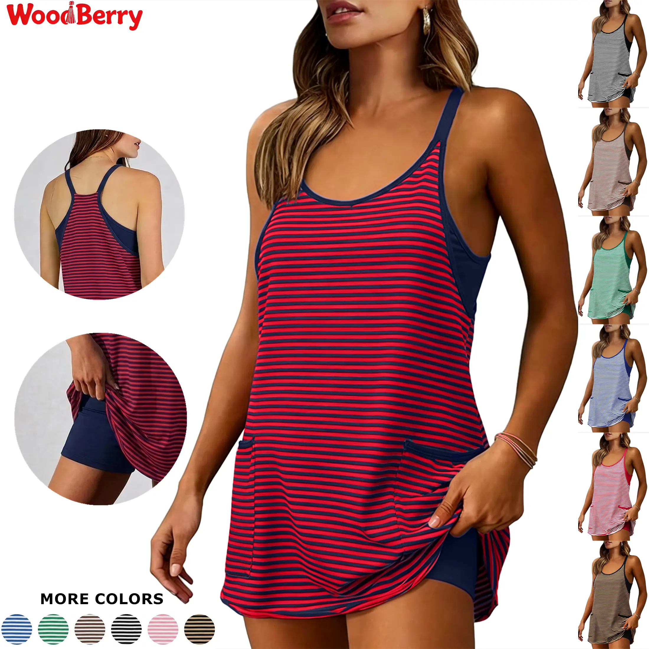 WoodBerry Women's Sleeveless V-Neck Striped Summer Athletic Dress - Dresses for Women, Built-in Shorts, Pockets, Ideal for Tennis, Workout Exercise, Dress With Built In Shorts