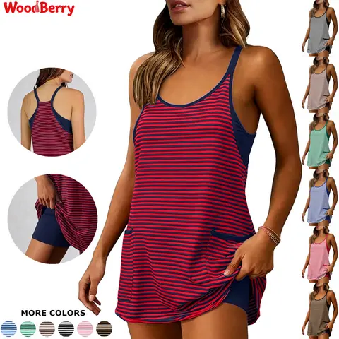 WoodBerry Women's Basic Fitted Sleeveless Cool V-Neck Striped Cotton Blend Active Wear Dress - 2 in 1 Design, Built-in Shorts, Pockets, Above Knee, Yoga Athletic Dress, Running Attire, Sporty Chic