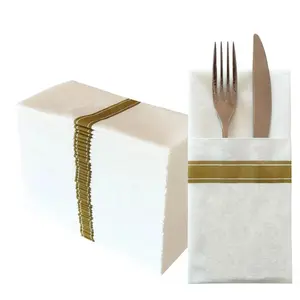50PCS Gold Line Linen Feel Napkins with Built-in Flatware Pocket, Disposable Guest Pre-folded Paper Towels For Wedding Party
