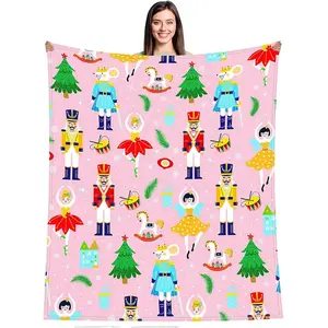 1pc Pink Nutcracker Gift Blanket, Christmas Nutcracker Ballerina Gift Christmas Soldier Fairy Prince Mouse Gift Basket Nutcracker Blanket, Suitable for Female Friends and Wife Valentine's Day Gift Flannel Cover Blanket