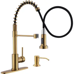 Brushed Gold Kitchen Faucet with Soap Dispenser, Single Handle Spring Pull Out Kitchen Sink Faucets with Pull Down Sprayer