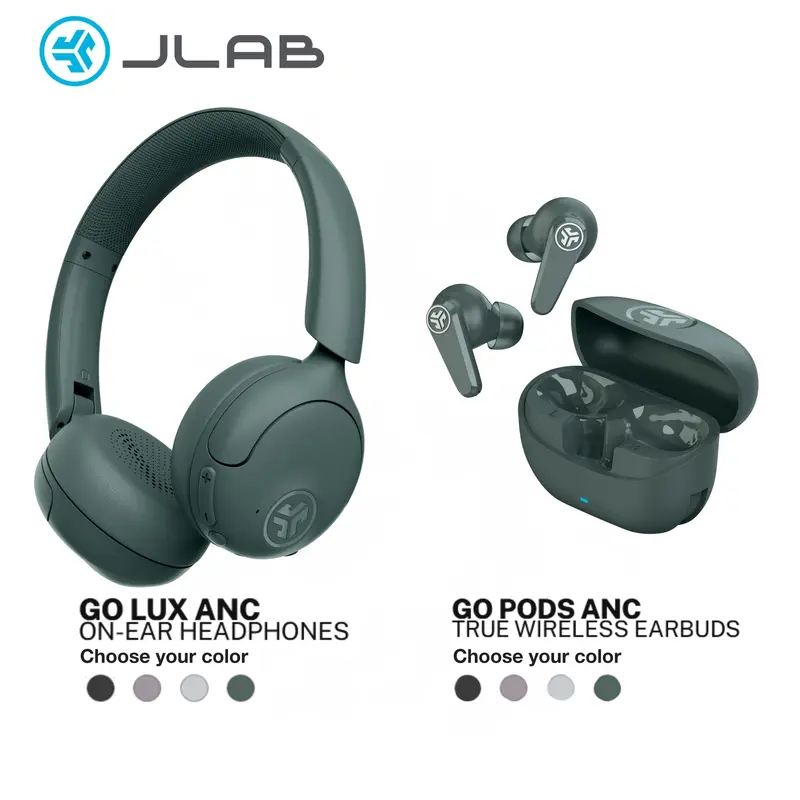 {Your Choice Bundle} JLab Go Lux ANC On-Ear Headphones + Go Pods ANC True Wireless Earbuds Bundle - Hybrid Noise Canceling Bluetooth 70Hr Playtime IP55 Spatial Audio