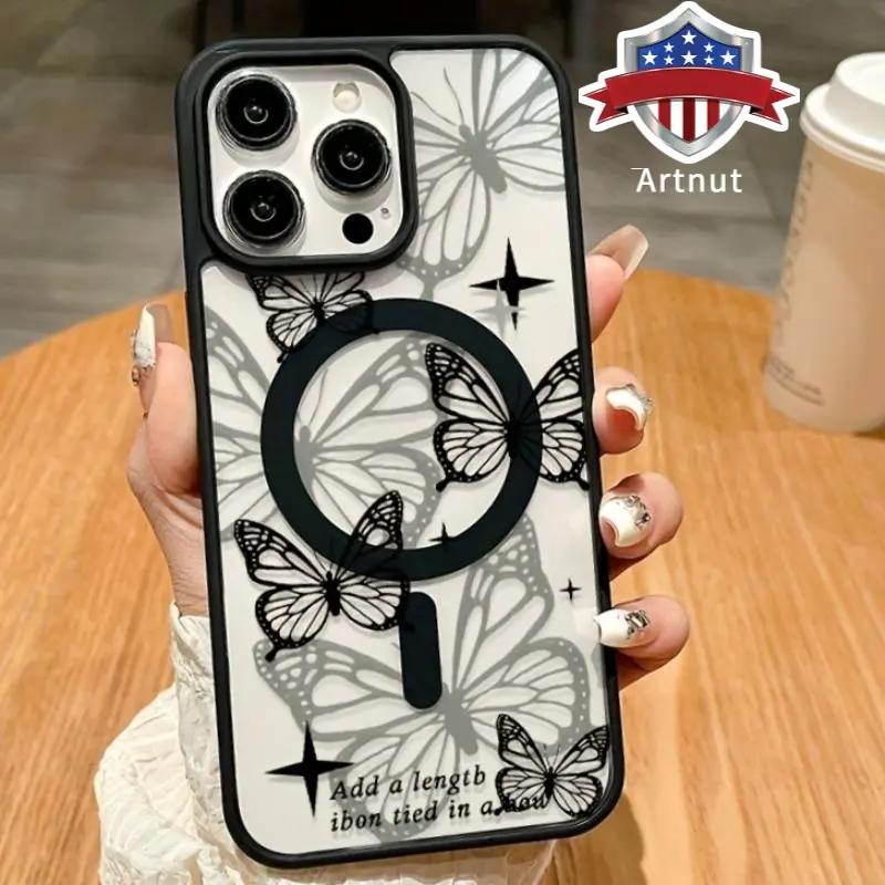 Fashion Black Butterfly Pattern Magnetic Phone Case for iPhone 16 15 14 Pro Max 13 12 11 XR XS Plus Anti-Yellowing Shockproof Lightweight Transparent Acrylic Soft Cover Supports Wireless Charging.