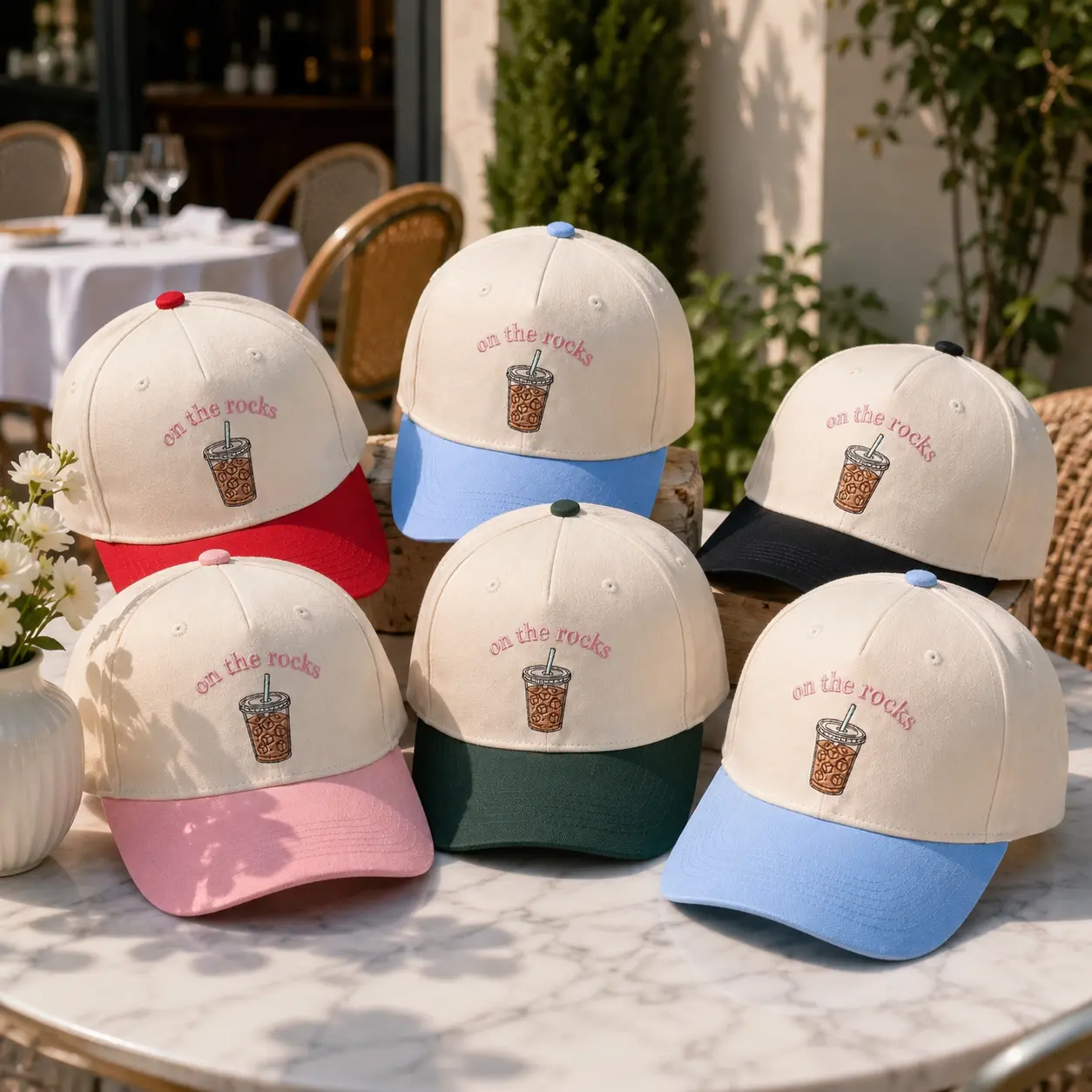 On The Rocks Iced Coffee Embroidered Baseball Cap, Pink Cream Washed Cotton Dad Hat, Cute Coffee Lover Summer Pool Hat, Gift for Women Mom Barista Vacation