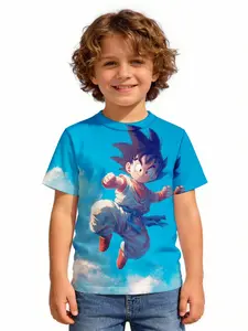New boys' round neck short sleeve T-shirt, cartoon graffiti street sports pattern print Goku Flying In Sky With Clouds Comfortable clothing for everyday wear suitable for both boys and girls
