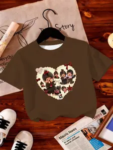 Girls' Fashion Monchichi Heart T-Shirt, Cartoon Girl Print Summer Short Sleeve, Casual Loose-Fitting Top, No Zipper, No Collar