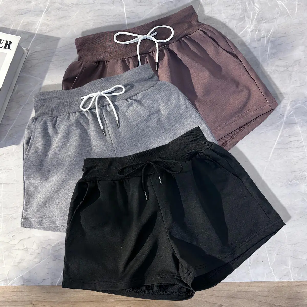 Pack of 3 women’s casual shorts, solid color, drawstring elastic waistband, everyday wear, outdoor sports fitness running, yoga, women’s athletic shorts, womenswear, Style, Minimalist