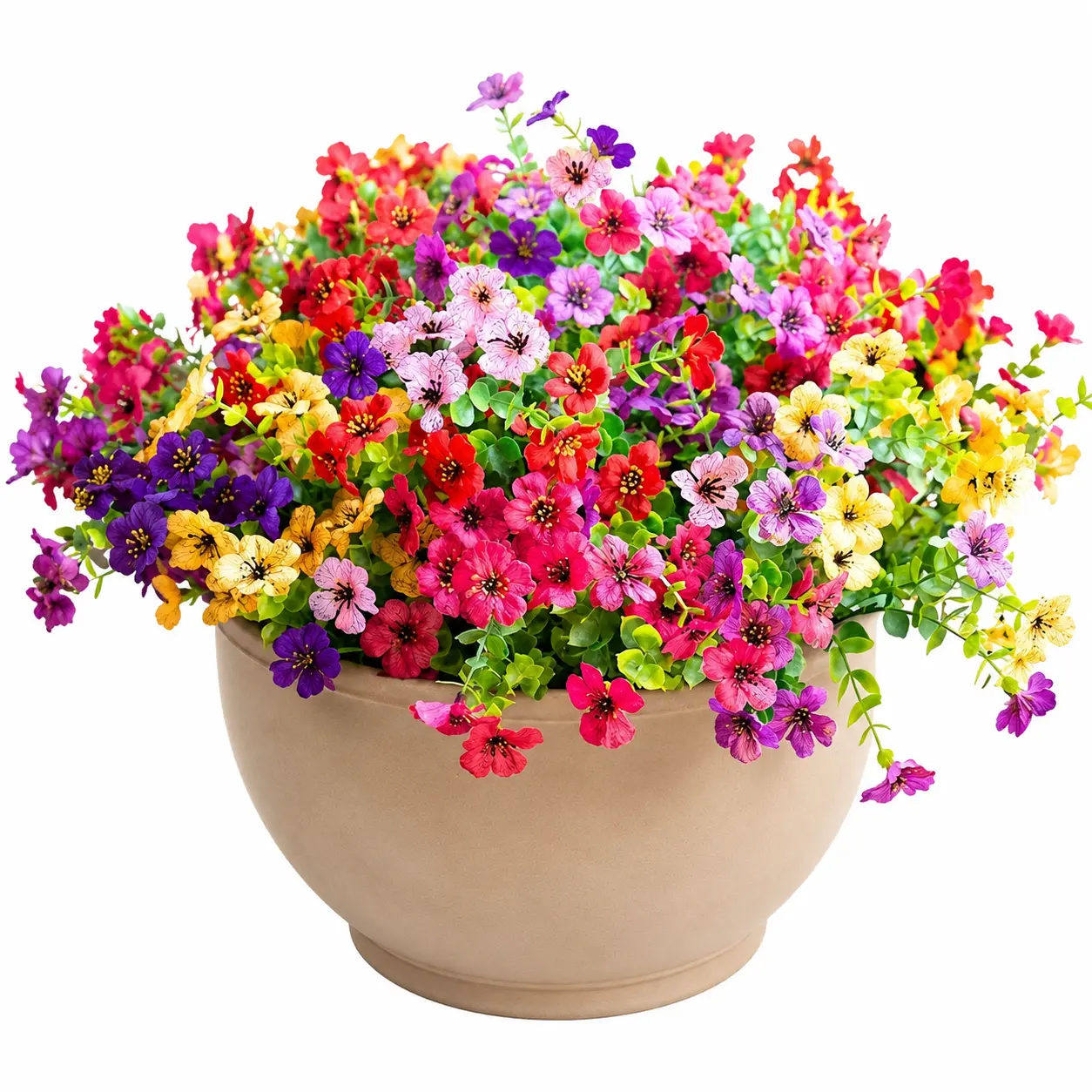 Artificial Faux Plants Flowers Outdoor Spring Summer Decoration, 12 Bundles Fake Silk Colorful Daisy Eucalyptus Realistic UV Resistant for Outside Home Planter Porch Patio Yard Decor
