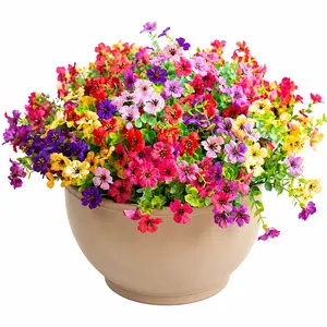 Artificial Faux Plants Flowers Outdoor Spring Summer Decoration, 12 Bundles Fake Silk Colorful Daisy Eucalyptus Realistic UV Resistant for Outside Home Planter Porch Patio Yard Decor