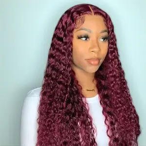 99J Burgundy Colored 200% Density Deep Wave 13x6 Full Frontal HD Lace Front Curly Wave Human Hair Wigs For Women
