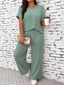 Women's Plus Size Two-Piece Long Pants Set, Casual Knit Loose-Fitting Fall & Winter, Plain Pattern, Comfortable Daily Wear