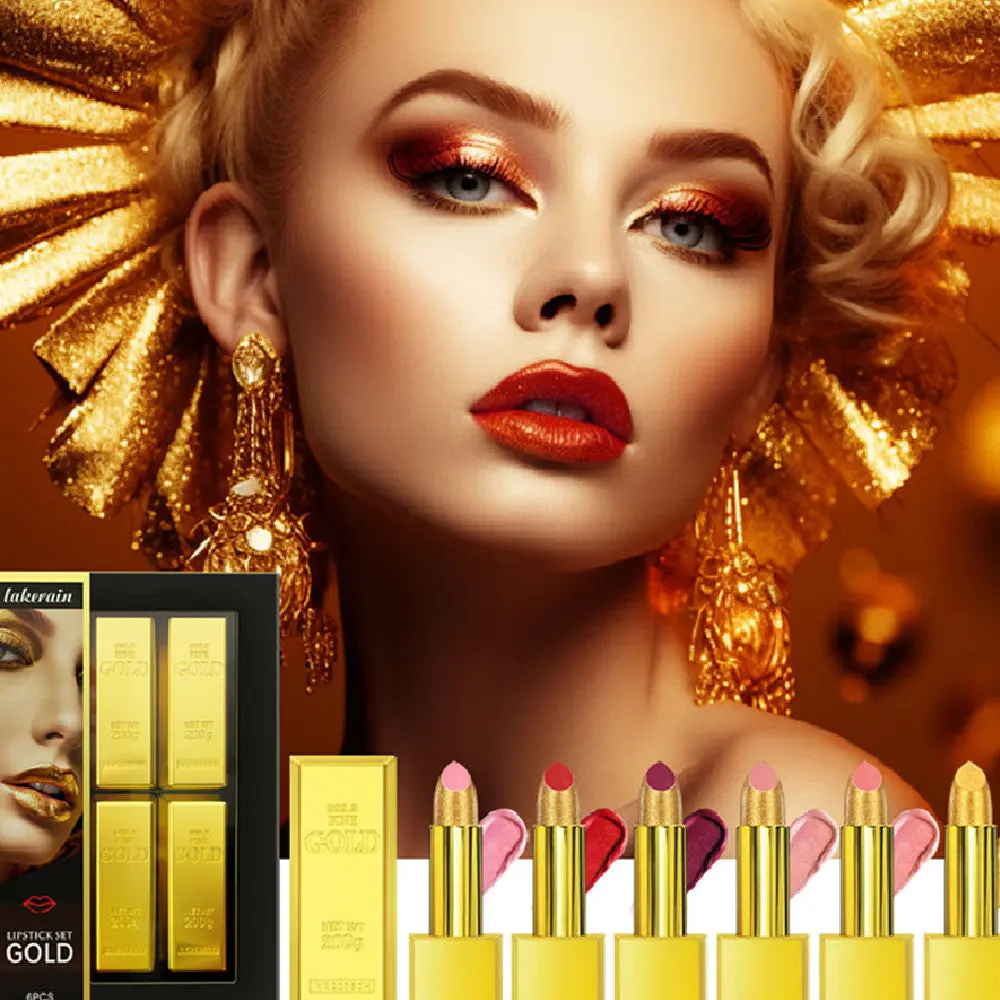 Luxury Gold Bar Lipstick Set — 6 Full-Color Shades, Gift-Ready Packaging