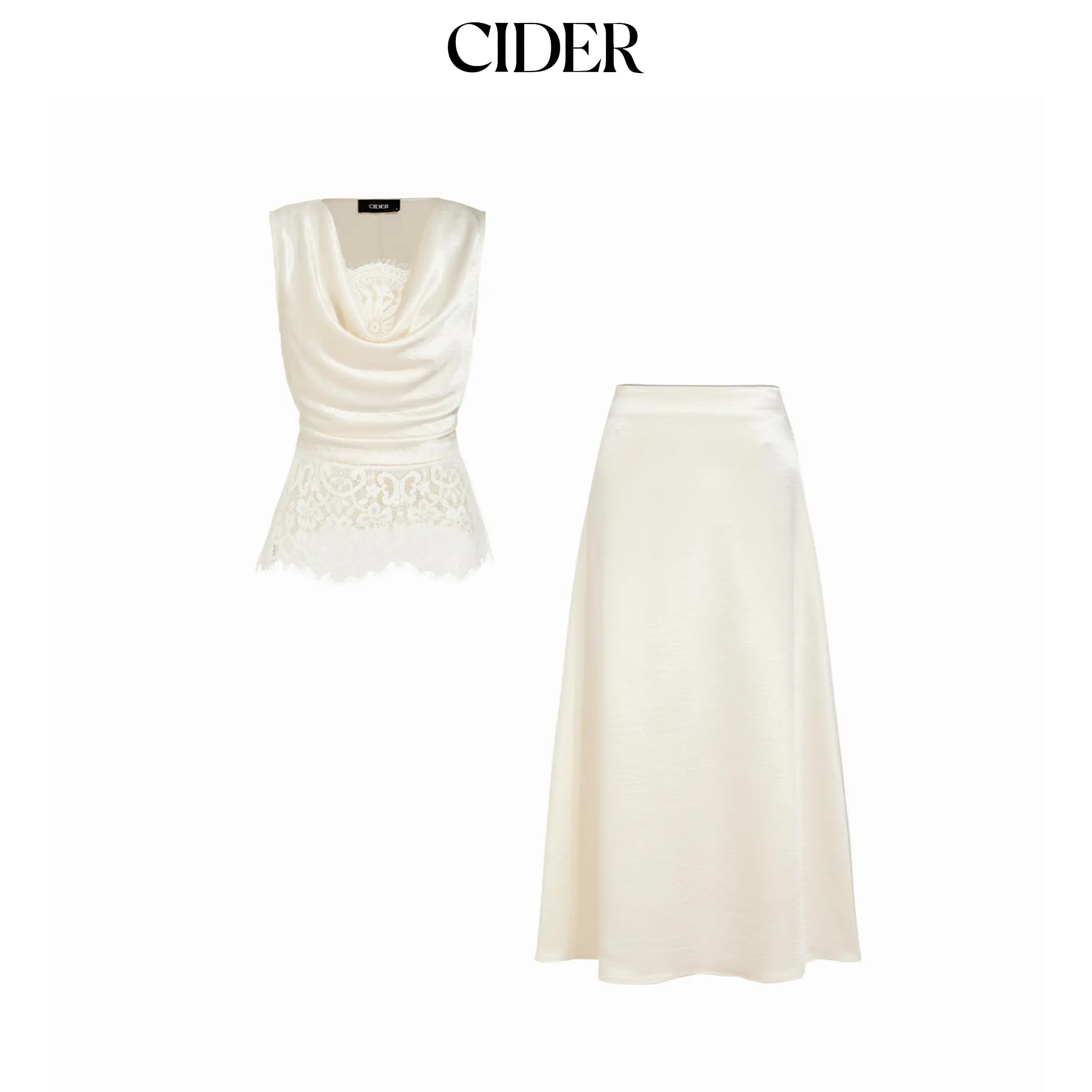 Cider Satin Cowl Neck Lace Panel Top & Mid Rise Flared Maxi Skirt Set