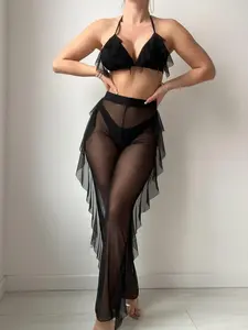 Women's Contrast Lace Sheer Bikini Swimsuit, Swimsuit Style Bikini, Casual Halter Triangle Top & High Cut Swim Bottom & Ruffle Trim Cover Up Pants, Ladies Summer Beach Swimsuit