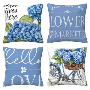 Blue floral pattern printed pillow cover, sofa pillow cover, outdoor pillow cover, decorative pillow cover, 4-piece set double-sided printed (without pillow core)