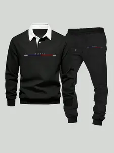 Men's Letter Print Polo French Sweatsuit & Drawstring Waist Sweatpants Two-piece Set, Regular Fit Sporty Casual Long Sleeve Top & Jogger Pants for Spring & Fall, Men's Two-piece Outfits for Daily Wear