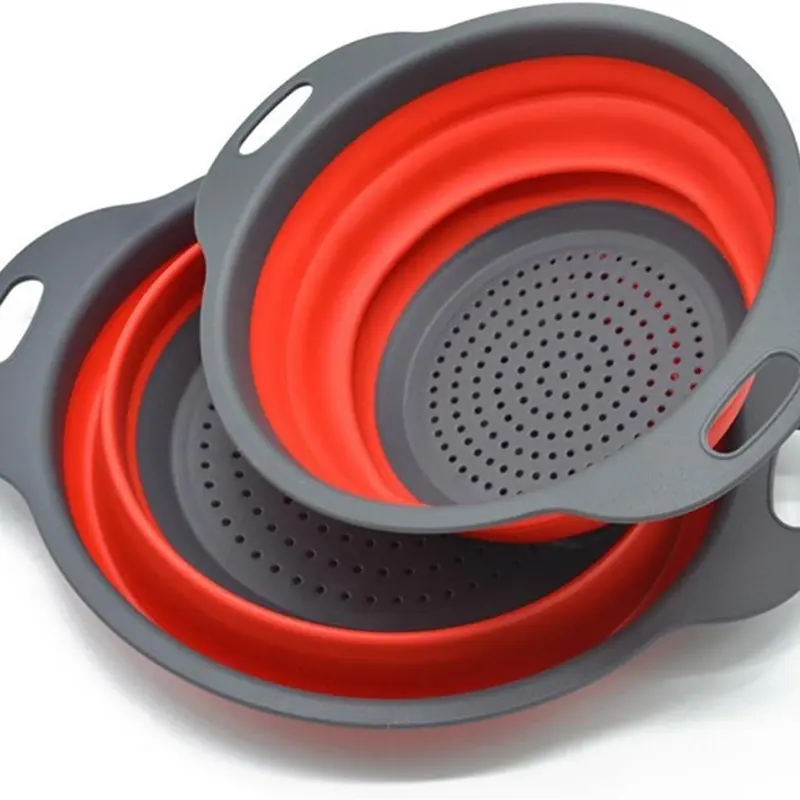 Sturdy 2-Piece Collapsible Kitchen Colander Set - 7.7 Inches Fruit Strainer, Food-Grade Silicone & PP+PER Utensils, Wet-Grip Handle, PP Base Support, Fold to 1.4in, 450°F Heat-Resistant, Space-Saving Strainers and Colanders (Red)