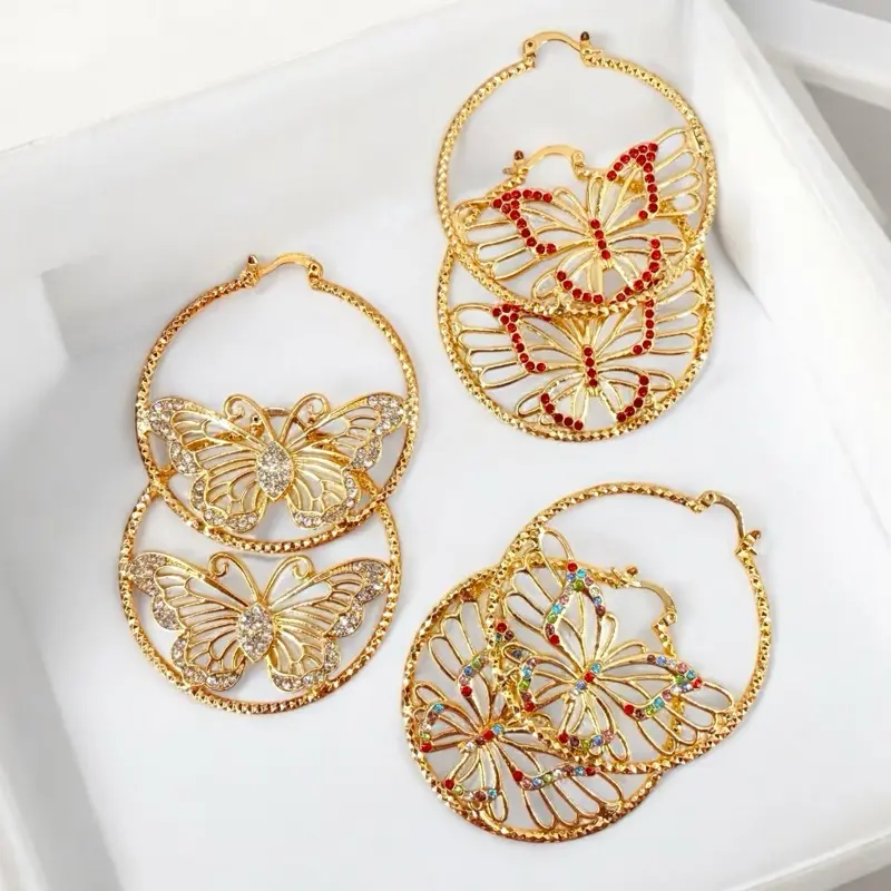 Hoop Earrings with Butterfly and Colored Zirconia 14K Gold Plated 2 Inch Diameter Fashion Jewelry