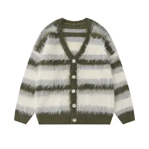 Striped plush V-neck sweater for men, multi colored knitted fashion style, long sleeved knife shaped off-road top Casual Knitwear