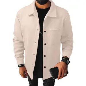 【Plus Size】 Solid Color Button Front Pocket Jacket, Regular Fit Casual Long Sleeve Stand Collar Outerwear for Spring & Fall, Men's Clothes for Daily Wear, Coats, MenswearGift