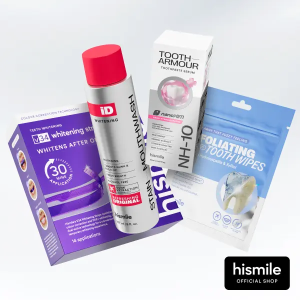 [Hismile] Ultimate 7-Day Whitening Protocol, 4 Products, Ultimate Results, iD Stain Whitening Mouthwash, Tooth Armour Nano-Hydroxyapatite Toothpaste, Exfoliating Tooth Wipes, V34 Purple Whitening Strips