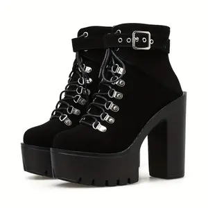 Black Women's Platform High Heels Ankle Boots, Round Toe Lace Up Ankle Buckle Strap Fashion Party Motorcycle Short Pumps