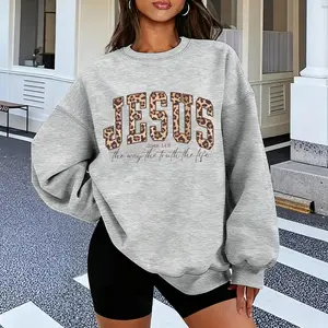 Women's English Printed Crewneck Sweatshirt - “JESUS JOHN 14:6 the way the truth the life” Popular print, gray cotton knit crewneck sweatshirt, breathable and slightly stretchy