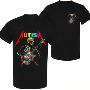 100% Cotton Autism Awareness T-Shirt Colorful Skeleton Playing Guitar Design For Autumn And Winter Wear Perfect Gift For Autistic Children And Supporters