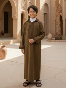 Muslim Boy Hooded Brown Thobe, Embroidered Design, Long Sleeve with Side Pockets, Suitable for Ages 8-12, Comfortable and Fashionable
