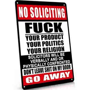 No Soliciting Go Away Aluminum Sign, Flat Bold Red & Black Anti-Solicitation Wall Decor, Rude No-Nonsense Warning Design, Perfect for Front Door & Porch, 8x12 Inch, Great Funny Sarcastic Gift for Homeowners, Trendy Retro Grunge Vibe Decoration