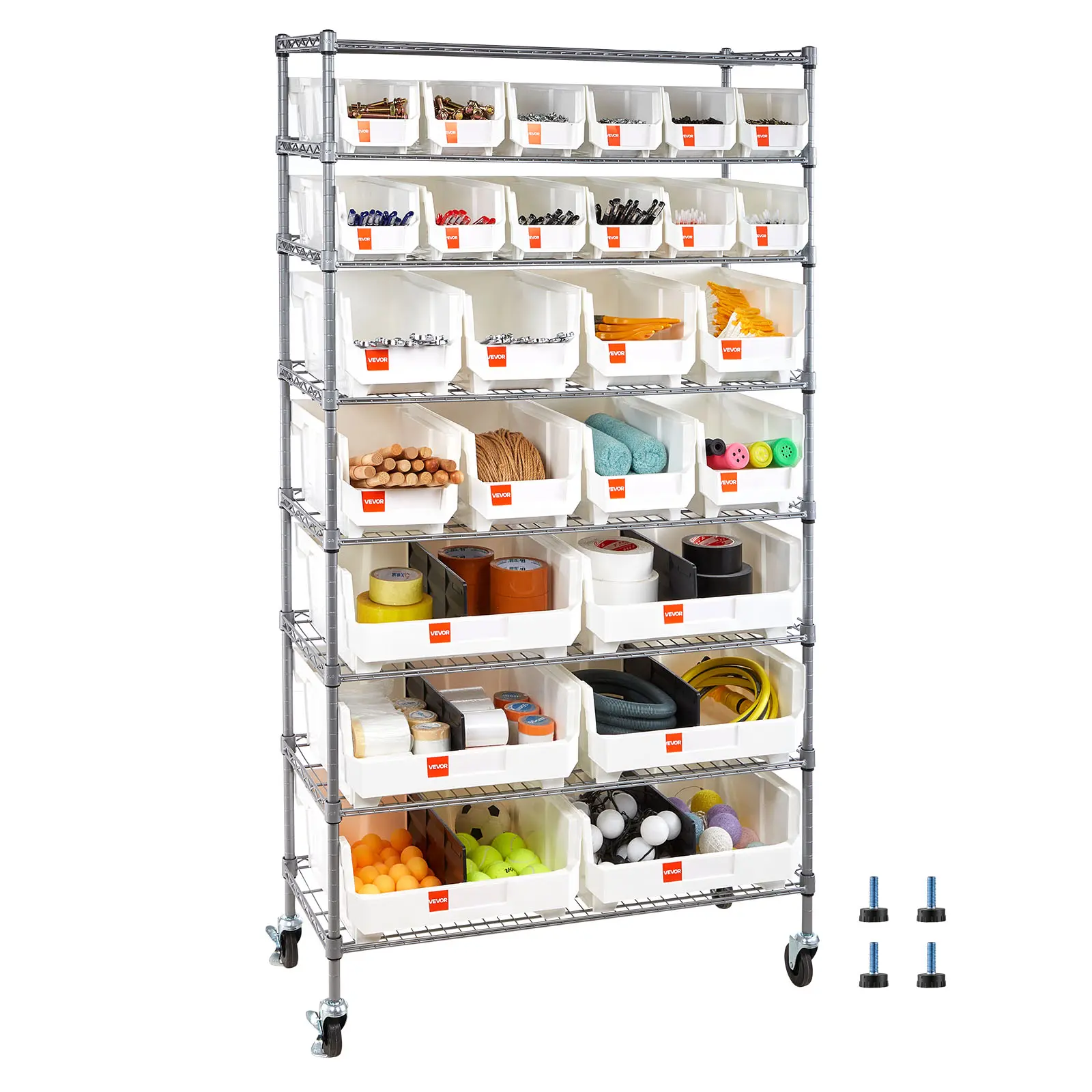 VEVOR 8-Tier Rolling Bin Storage Rack, 26 Organizer Bins, Bin Rack Storage Steel Wire Shelving System with Wheels, Mobile Tool Organizer for Garage, Warehouse, Office, Restaurant, Classroom, Kitchen