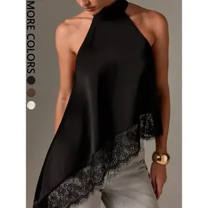 Single piece women's black satin vest with asymmetrical lace hem, flowing and fitted, suitable for romantic and elegant evening wearRAIMENTRY