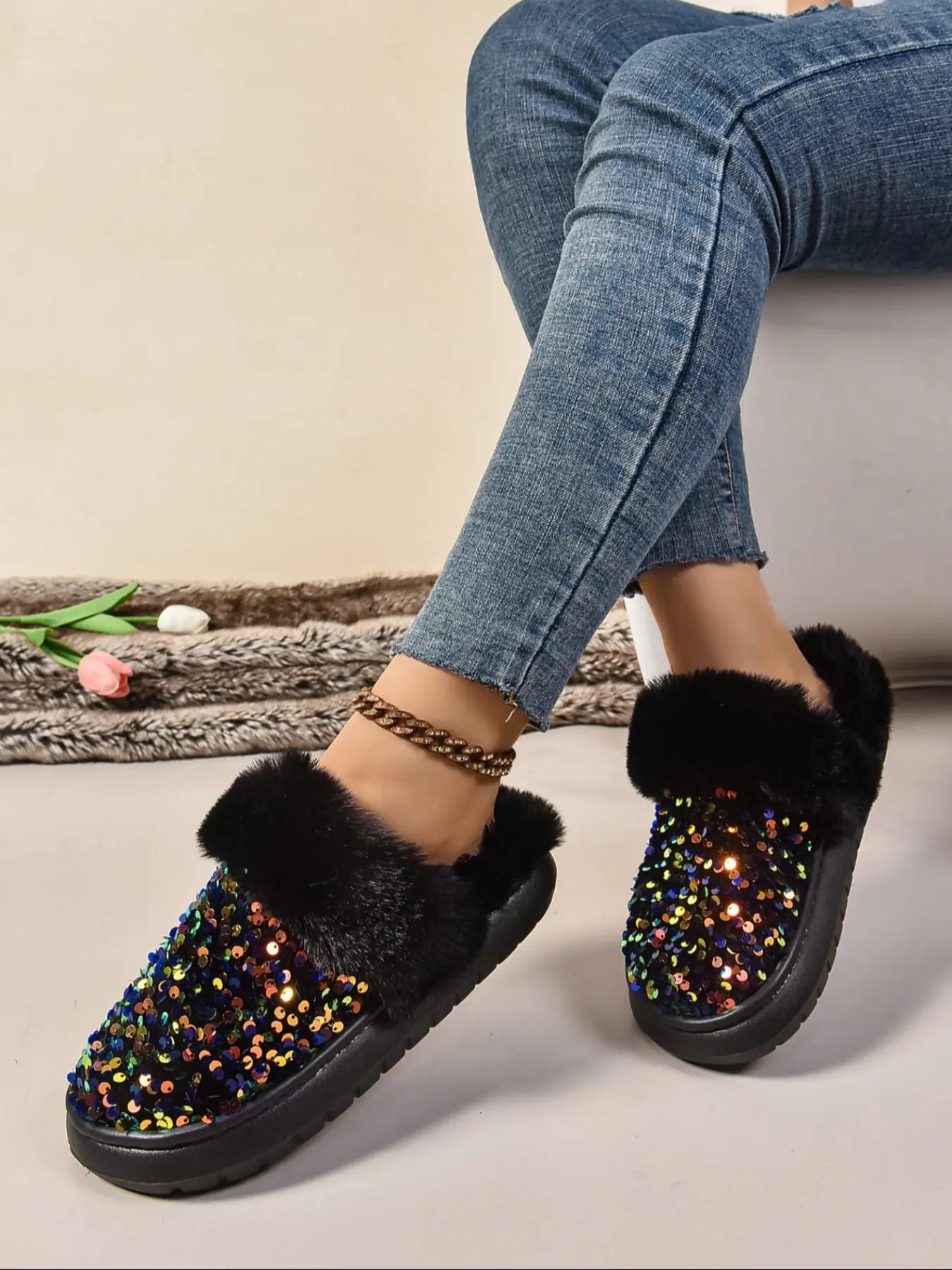 Women's Fashion Sequined Faux Fur Slippers, Warm Indoor Winter Shoes, Soft Sole, Casual Style, All Seasons Wear, Fuzzy Warm Slippers, Trendy Casual Slippers, Home Slippers