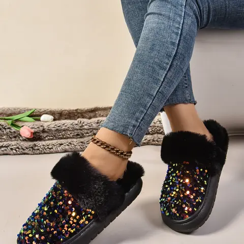 Women's Fashion Sequined Faux Fur Slippers, Warm Indoor Winter Shoes, Soft Sole, Casual Style, All Seasons Wear, Fuzzy Warm Slippers, Trendy Casual Slippers, fashionable slippers, Affordable Slippers, Home Slippers