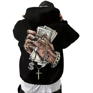 Men's Heavyweight Hoodie Sweatshirt Streetwear Pullover with Dollar Bill Graphic Back Print Kangaroo Pocket & Adjustable Hood Black Machine Washable for Fall/Winter
