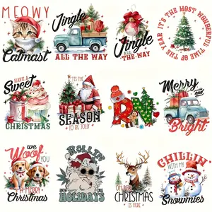 12 Piece Holiday Christmas Iron-On Transfer Stickers, Vibrant Cartoon and Festival Patterns for T-Shirts, Hoodies, Bags, Backpacks