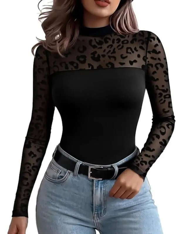 FEITAI Women's Leopard Print Long Sleeve Blouse - Stretchy Mesh, Fitted Waist, Semi-Sheer Round Neck, Machine Washable, Fashionable Date Night Top, Shirts for Women, Spring/Fall Formfitting Wear