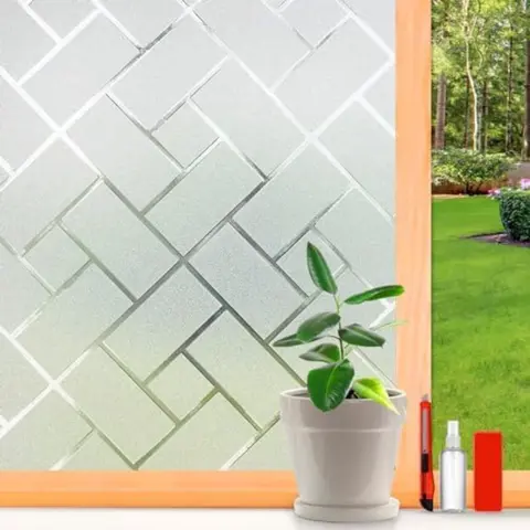 Window Privacy Film Frosted Glass Window Film Sun Blocking Window Tinting Film for Home, Static Clings Removable Frosting Bathroom Door Window Covering, 17.5 inch x 78.74 inch, White-grid