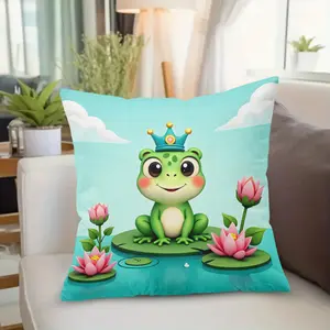 A little frog wearing a crown sitting on a lotus leaf, square colored decorative pillowcase, suitable for bedrooms and living rooms, with a zipper closure, suitable for decorating living rooms, bedrooms, porches, and patios