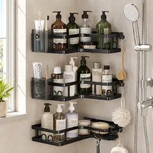 SummerVibes PHANCIR 5 PCS Corner Shower Caddy, No Drilling Stainless Steel Shower Storage Rack with Hooks & Toothpaste Holder for Bathroom, Black