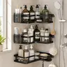 PHANCIR 5 PCS Corner Shower Caddy, No Drilling Stainless Steel Shower Storage Rack with Hooks & Toothpaste Holder for Bathroom, Black