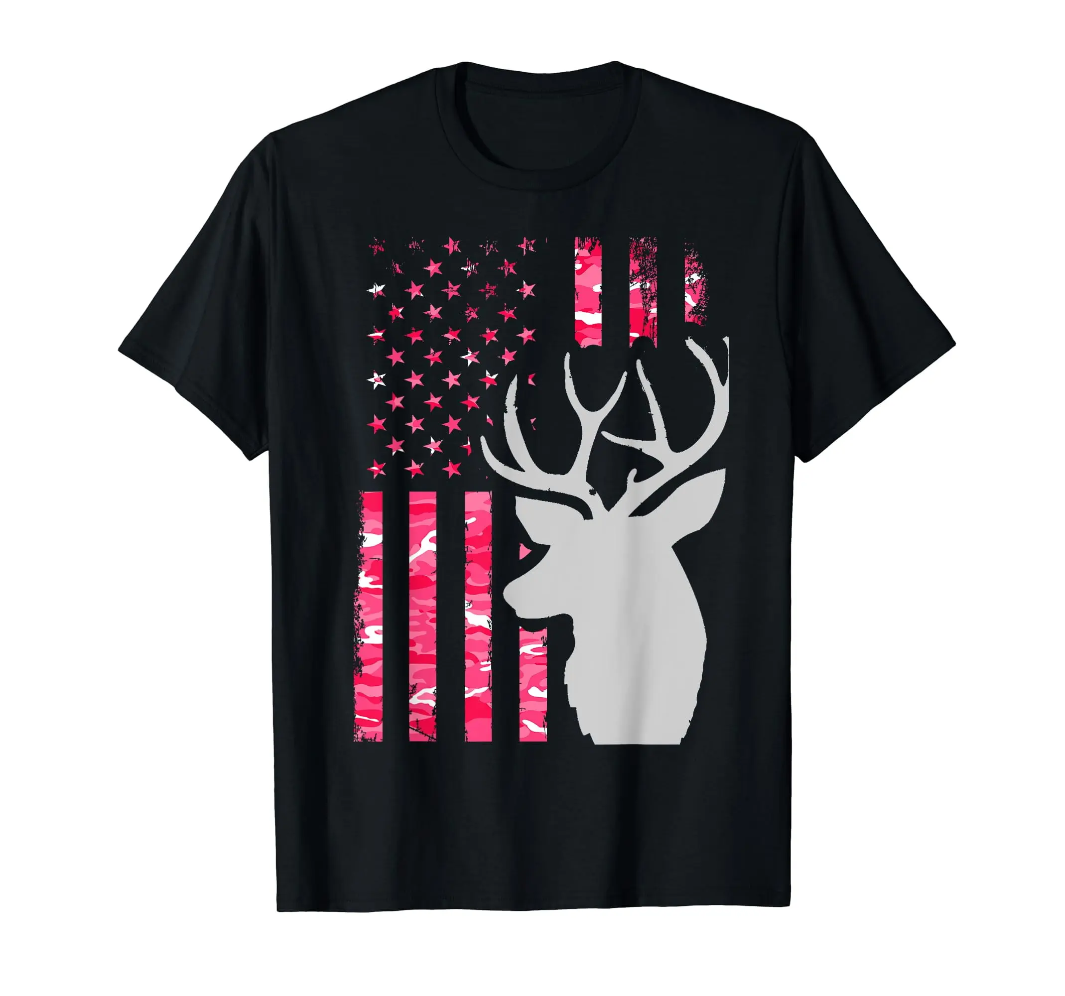Lady's Short-Sleeve Pink Camo American Flag Fabric T-Shirt, Patriotic Outdoor Buck Hunting Deer Tee for Women