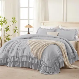 Light Gray Twin Size Comforter(66x90Inch), 2(1 Ruffle Comforter and 1 Pillowcase) Lightweight Fluffy Comforter Sets for, Microfiber