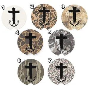 Cross and Antler Car Coaster Set, Christian Camo Car Accessories, Absorbent Soapstone Cup Holder Coasters, Hunting Truck Decor, Faith Gift for Him