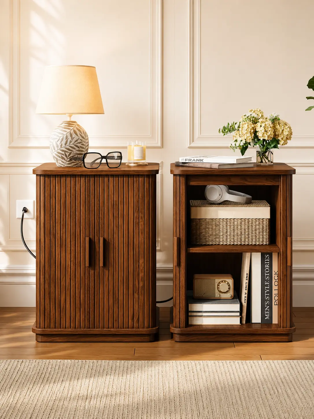 【Sliding Door Design】ONBRILL Square End Table with Storage & Charging Station, Fluted Accent Side Table with Sliding Door & Sturdy Pedestal, Mid-Century Modern Nightstand for Small Space, Living Room Furniture【SummerFinds】,dorm essentials,home decor