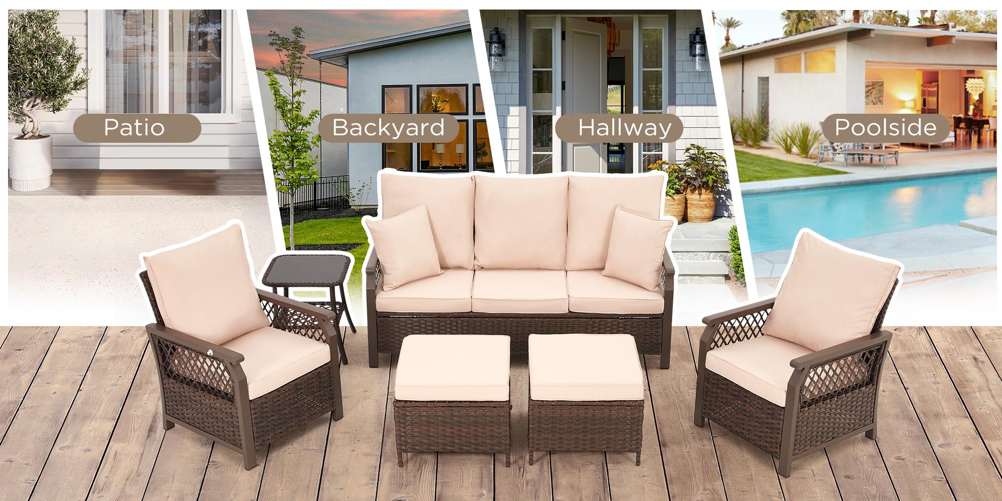 EROMMY Patio Furniture Swivel Chair Set - 6 Piece Outdoor Rattan Set with Sofa Air Chair Footstool & Side Table for Garden Backyard Porch Brown Khaki Beige Grey EROMMY Patio Furniture Swivel Chair Set - 6 Piece Outdoor Rattan Set with Sofa Air Chair Footstool & Side Table for Garden Backyard Porch Brown Khaki Beige Grey