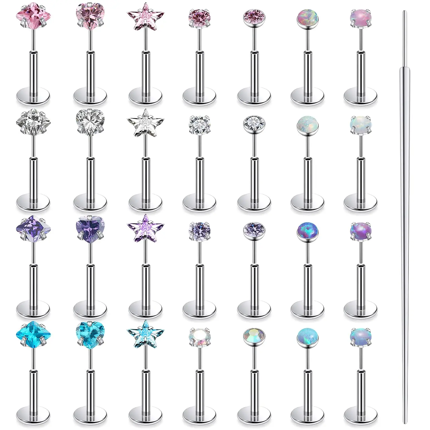 28Pcs 20G 18G 16G Threadless Nose Rings Studs Flat Back Earrings Surgical Stainless Steel Opal Nose Rings Stud Tragus Helix Conch Cartilage Earrings Piercing Jewelry For Women Men Hypoallergenic