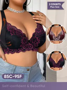 Morelect Plus Size Lace Push-Up Bra, 85C-95f, Wide Straps, Deep V, No Underwire, Sexy Lingerie, 2-Pack, All Seasons