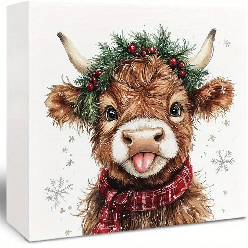 1pc Farmhouse Highland Cow Wooden Tabletop Decor - Multi-Color Cow-Shaped Christmas Piece with Vivid Paint, Plaid, Holly Accents, Festive Farm Animal Home Art, Indoor Display Gift for Home Supplies